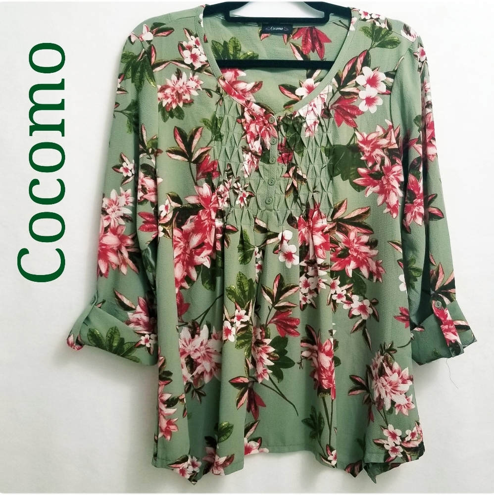 NWOT- Cocomo Floral Blouse in Rich Greens and Pinks, Size L/XL